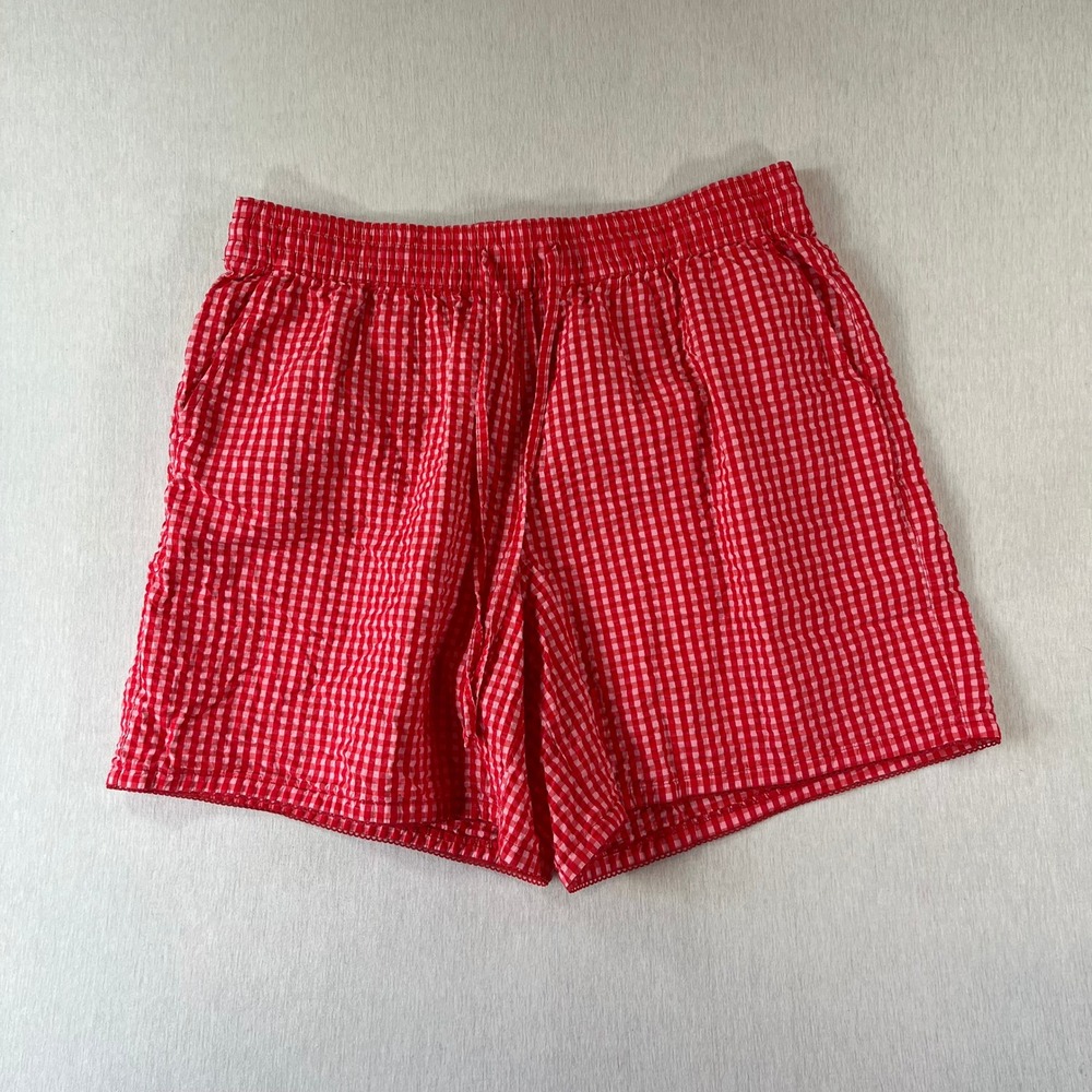 Lands End Shorts L 14-16 Seersucker Red Gingham Cotton Shorts Stretch Drawstring